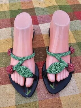 Cafe Noir Women's Cherry Beaded Sandals Size 38 Black Leather Low Heel